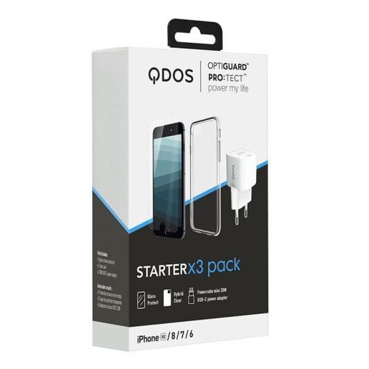 Pack QDOS chargeur 20W USB-C + coque bi matière transparente + verre trempé pour iPhone SE 2020 et iPhone 8/7/6