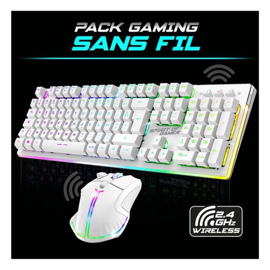 Pack Gamer Spirit of Gamer - Clavier Sans Fil AZERTY FR RGB + Souris 4800 DPI, Rechargeable, Aluminium, PC/PS4/PS5/Xbox - Blanc